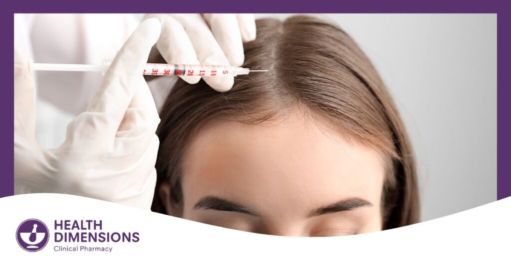 a woman whose scalp is getting injected with a medication for hair loss
