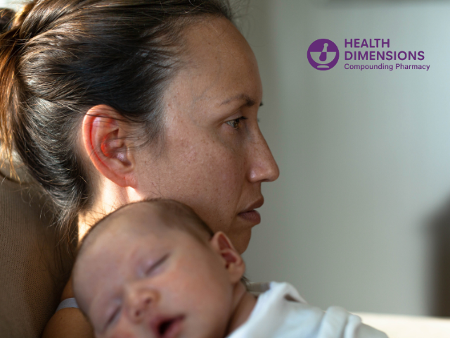 Progesterone suppository support may help a sad mother at home experiencing postpartum depression due to hormonal changes after childbirth