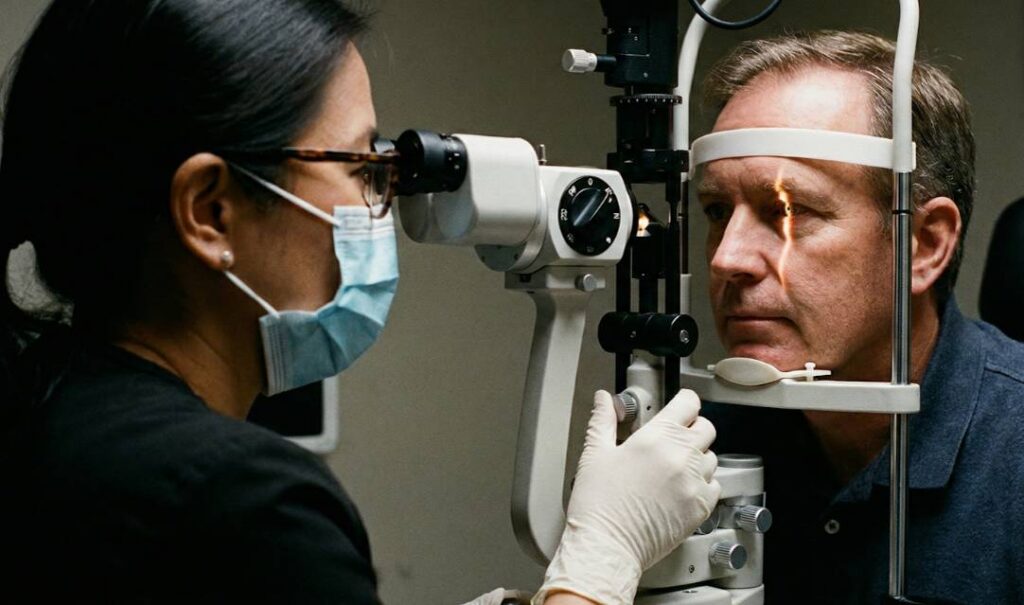 Eye Doctor Performing Slit Lamp Eye Examination on Patient