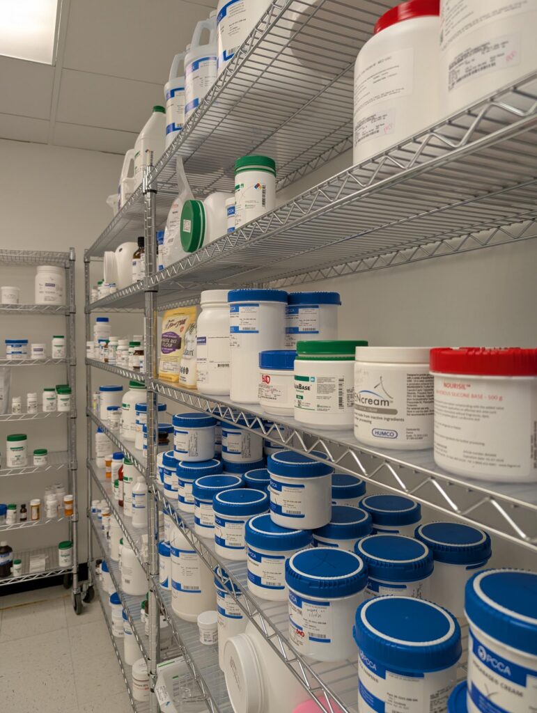 Compounding pharmacy shelves with labeled medication ingredients
